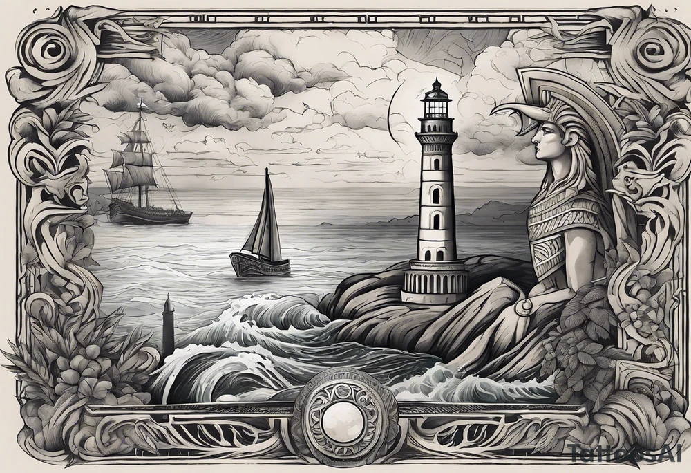 Lighthouse of Alexandria with Ankh and Eye of Ra hovering above it, pyramids and obelisk in background, below that is a marble bust of Caesar and laurels and a capitoline wolf, below is a stormy sea with Poseidon holding a trident and a sea serpent and sirens swimming, there are sunken ancient ruins of temples and pillars tattoo idea
