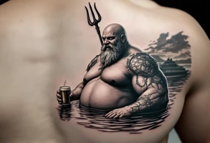 young, happy, fat, balding, poseidon in calm water, holding a trident, drinking a beer, with sunset, with ski boat tattoo idea