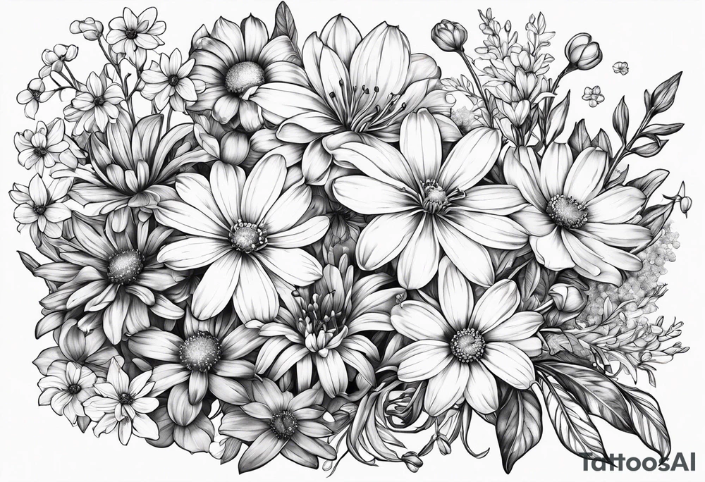 Honeysuckle, daisys, cosmos,and snowdrop sleeve tattoo idea
