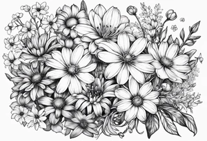 Honeysuckle, daisys, cosmos,and snowdrop sleeve tattoo idea