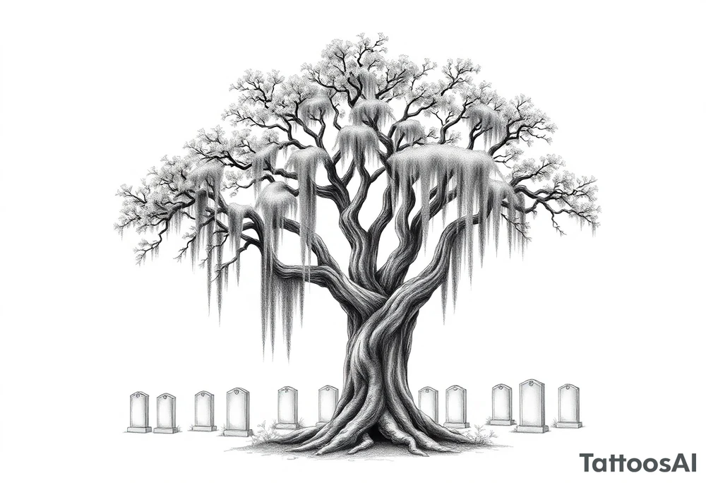 Laurel oak with Spanish moss in a cemetery tattoo idea