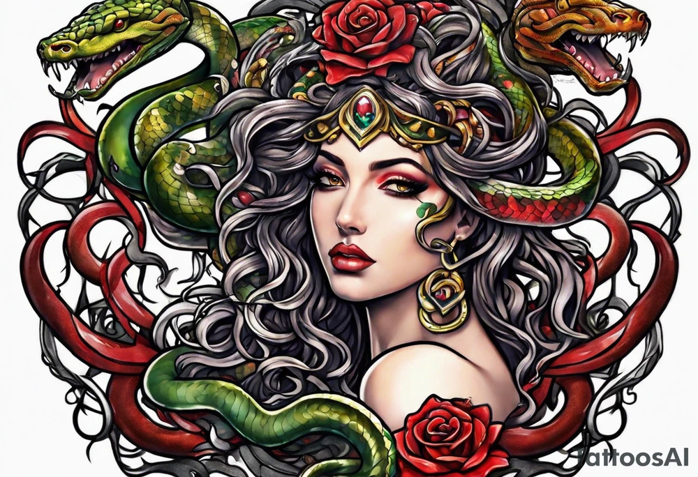 Medusa heads with snakes eating man's heart tattoo idea