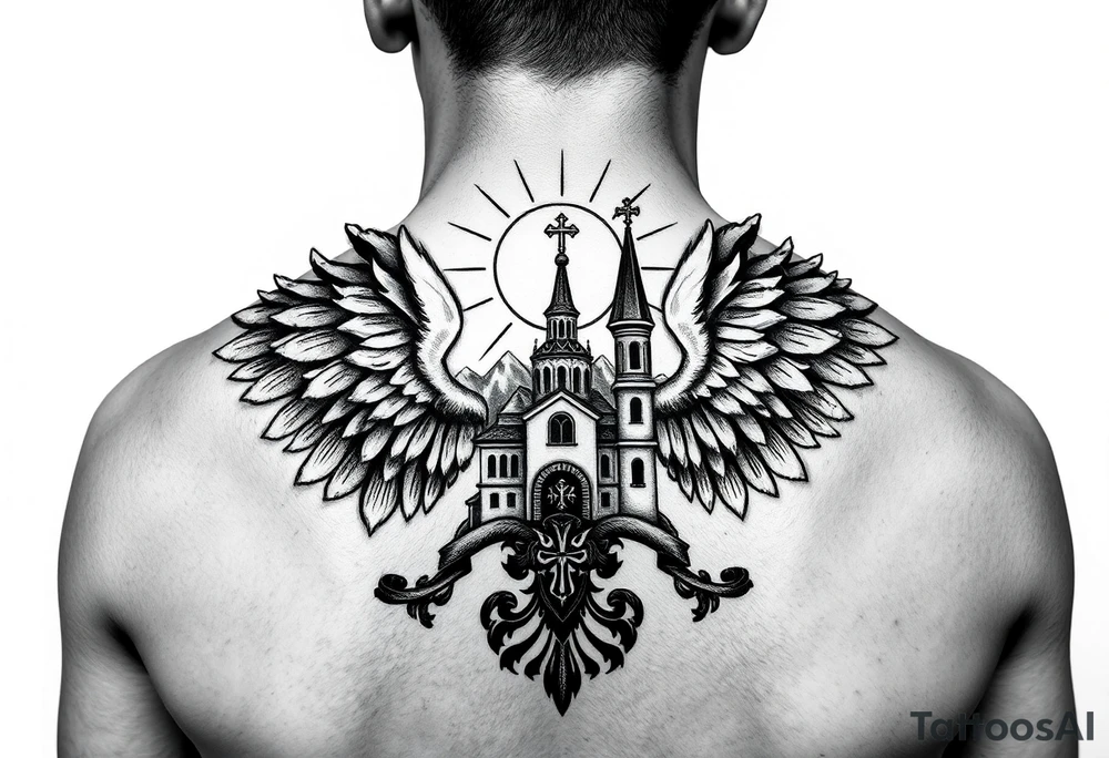 russian coat of arms with both heads visible & wings spanning out on my back neck across on to my shoulders with an orthodox christian church being visible in a mountainous sun beaming setting, with the russian orthodox cross spire of the orthodox church being visible on my neck with a sun beaming in the background that the cross sits inside tattoo idea