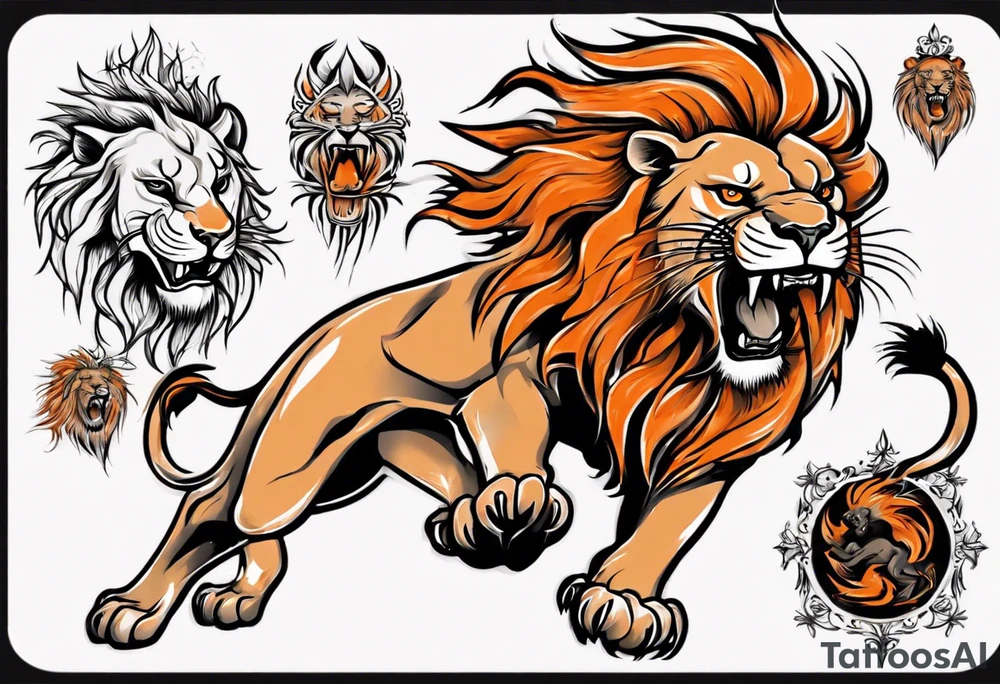 Roaring Lion using black and orange tattoo idea