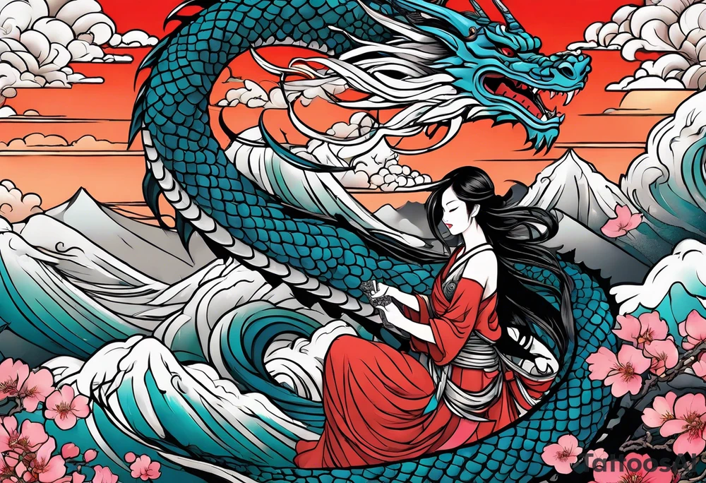 beautiful warrior nymph riding a dragon and the background will be mountains, clouds, and a Japanese building tattoo idea