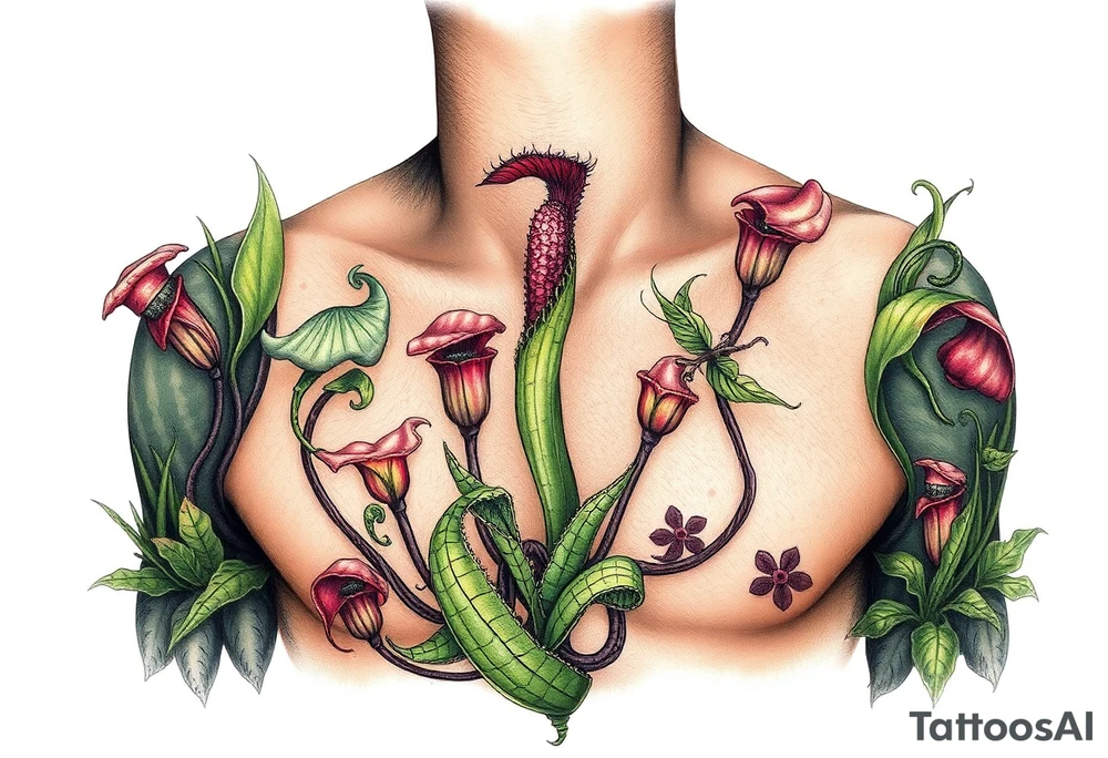 carnivorous plants neck, chest, back, and arm sleeves
I want these spots covered in these plants, ranging from venus fly traps to others tattoo idea