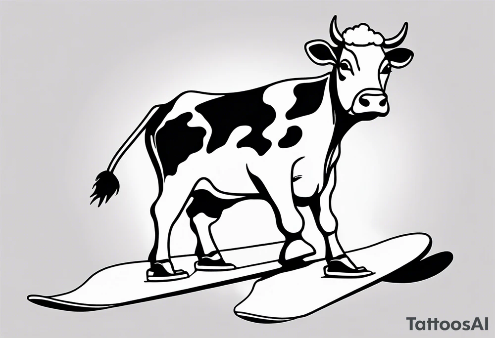 Generate a minimalist and simple black and white tattoo design featuring a joyful cow snowboarding, wearing goggles. Focus on essential lines and details to convey the playful spirit of the scene. The cow should exude confidence while effortlessly snowboarding down a snowy slope. Keep the design clean and uncluttered, suitable for a small to medium-sized tattoo space. Emphasize the charm and whimsy with the addition of goggles, ensuring the overall aesthetic remains simple and minimalistic. The goal is to create a visually appealing and easily recognizable tattoo that captures the essence of a cow enjoying a snowboarding adventure tattoo idea
