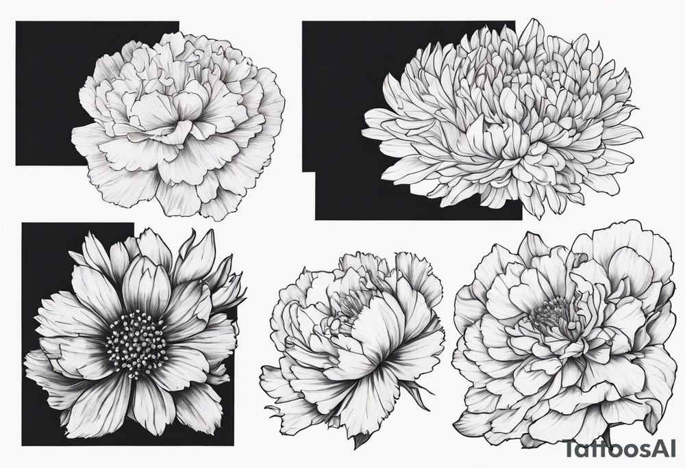 Carnation aster and violet blossom flat lay tattoo idea