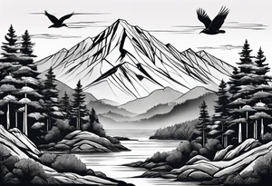 A mountain scape with trees. 5 silhouettes of birds. tattoo idea