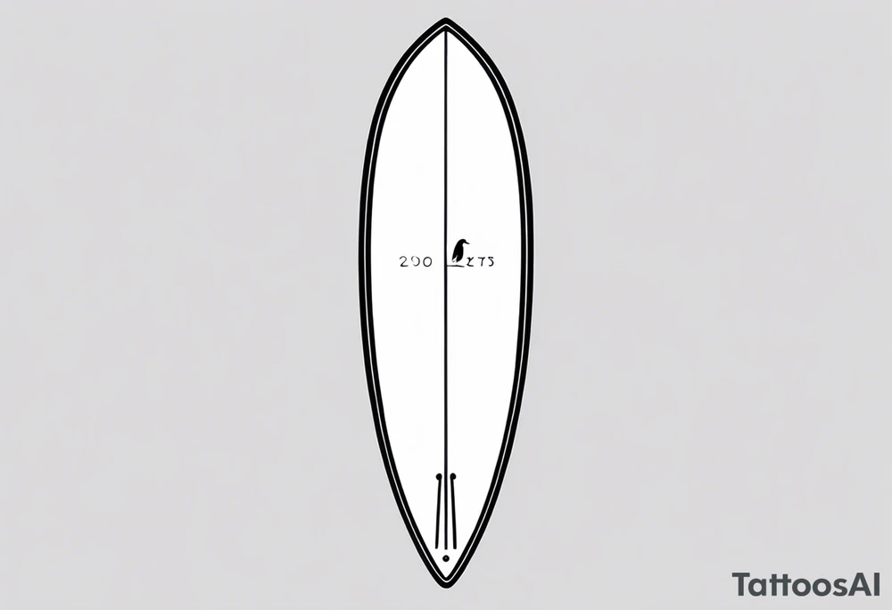 Surfboard outline with a penguin inside and the date 25/07 tattoo idea