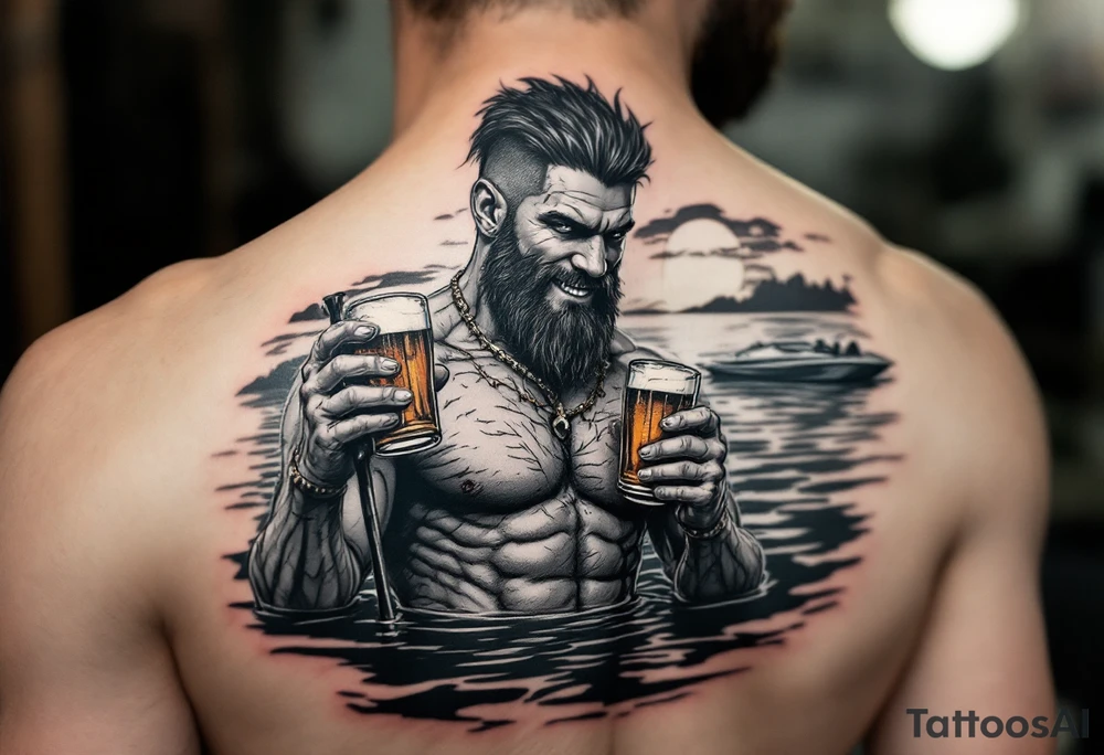 young, happy, fit, short hair, poseidon in calm water, holding a trident, drinking a beer, with sunset, with ski boat tattoo idea