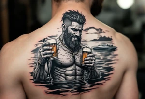 young, happy, fit, short hair, poseidon in calm water, holding a trident, drinking a beer, with sunset, with ski boat tattoo idea