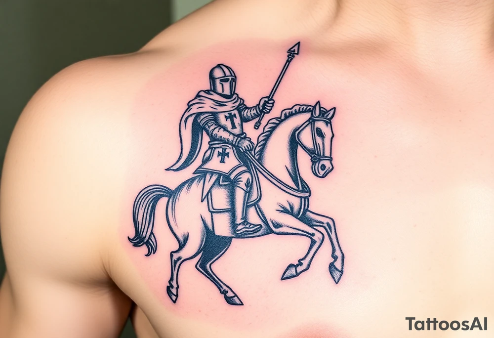 A medieval knight holding a banner with the Templar cross, riding into battle on a warhorse tattoo idea