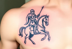 A medieval knight holding a banner with the Templar cross, riding into battle on a warhorse tattoo idea