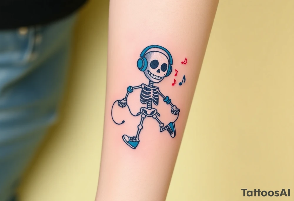 Funny smiley skeleton jumping on a jump rope with blue headphones and blue armbands and blue sneakers with colorful music notes around his head tattoo idea