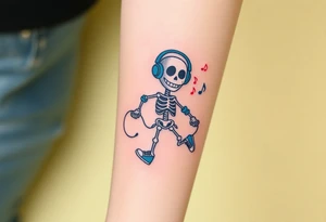 Funny smiley skeleton jumping on a jump rope with blue headphones and blue armbands and blue sneakers with colorful music notes around his head tattoo idea