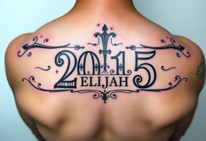 a powerful majestic set of roman numerals equalling the year 2015, with an elegant name of ELIJAH placed within the center of the roman numerals tattoo idea