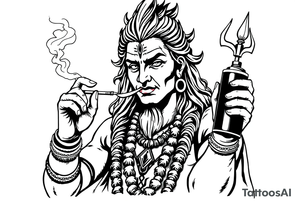 Shiva smoking a joint with one hand and holding spray paint with another hand tattoo idea
