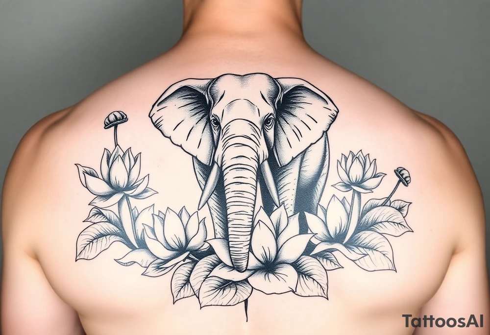 fierce elephant emerging through blooming lotus flowers in mist tattoo idea