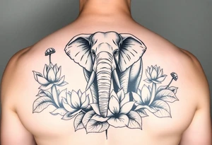 fierce elephant emerging through blooming lotus flowers in mist tattoo idea