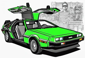 The matrix green numbers, back to the future Delorean with driver door open, with the fear and loathing in Las Vegas background. tattoo idea