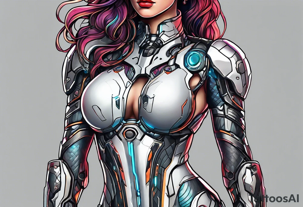 female cyborg full body torso arms, retro futuristic, travel and movies no tattoos tattoo idea