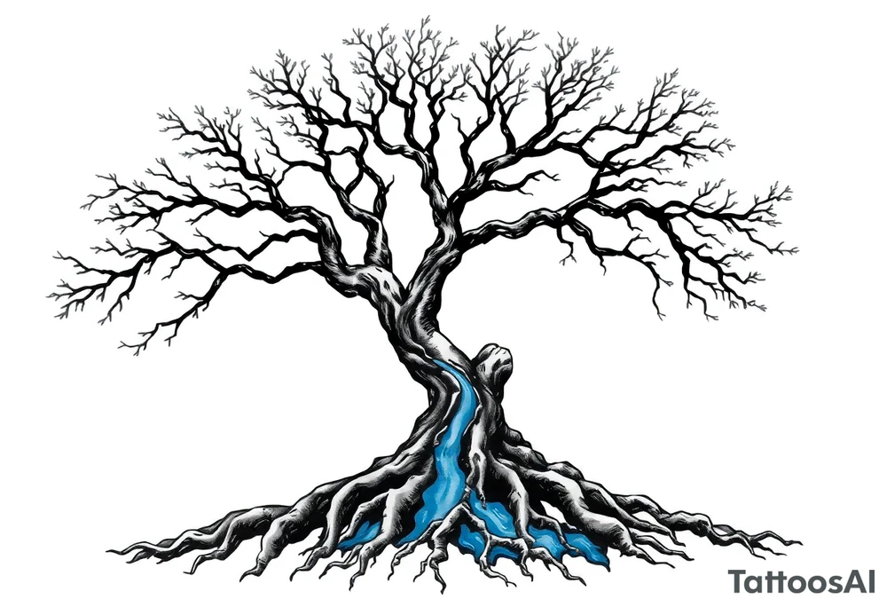 Black and white deciduos Tree with roots. Blue water inside the whole tree like many thin veins, flows from the brunches to the roots tattoo idea