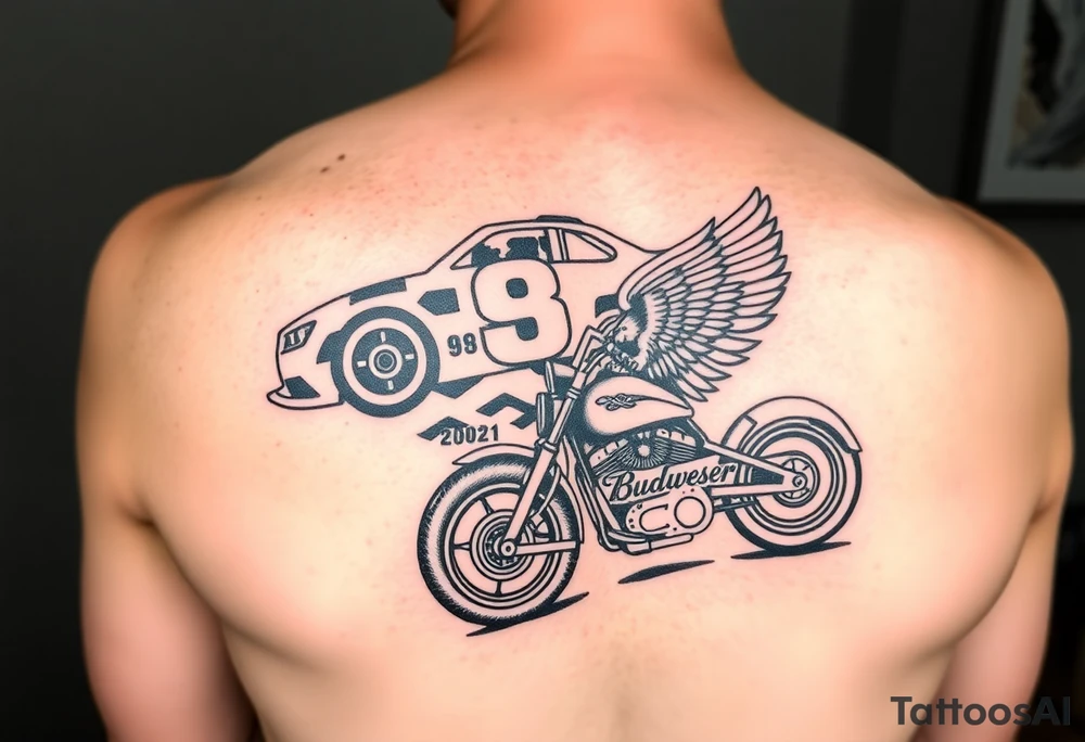 Dale Earnhardt car on it with the year 1958 - 2021 intertwined with a motorcycle with a Budweiser logo on it with a guardian angel wolf tattoo idea