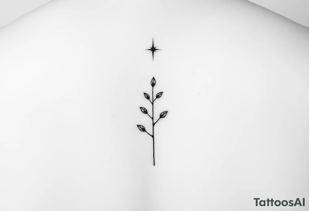 Tatouage minimaliste fine line noir, placement intérieur de l'avant-bras. Composition verticale élégante et discrète. Un petit sablier géométrique représente "Memento Mori". Une branche fine porte cinq petites feuilles symbolisant un homme, une femme, une fille et deux chats. Au-dessus de la branche, une étoile solitaire représente un enfant disparu mais toujours présent. Une légère fissure réparée dans la ligne centrale symbolise la résilience. Style épuré, intemporel, spirituel, lignes fines, peu d'encre, aucun remplissage noir massif, design harmonieux et émotionnel. tattoo idea