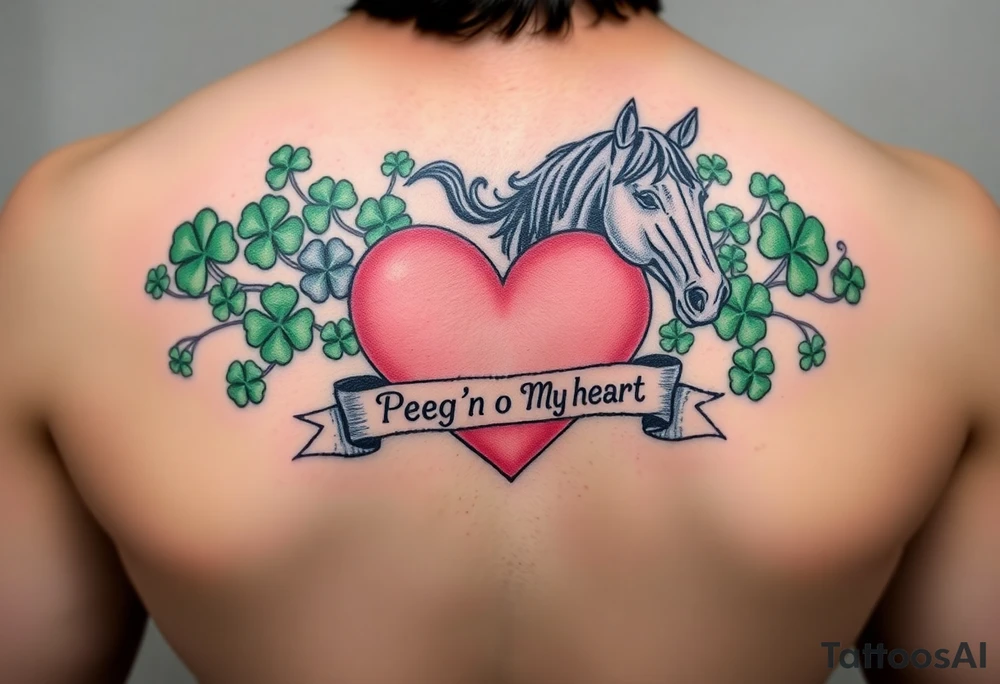 A lot of green shamrocks & a horses with a big Pink heart and a banner across the heart that says Peg 'o My Heart tattoo idea
