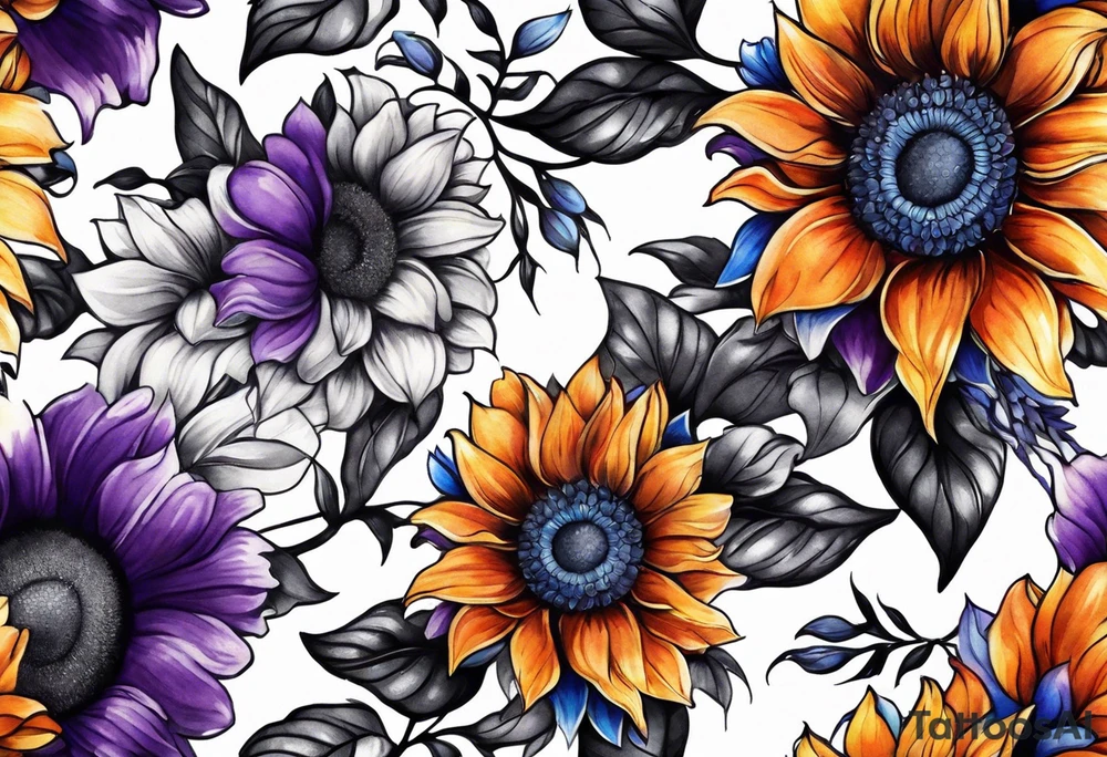 Full arm sleeve with purple, orange and blue sunflowers tattoo idea