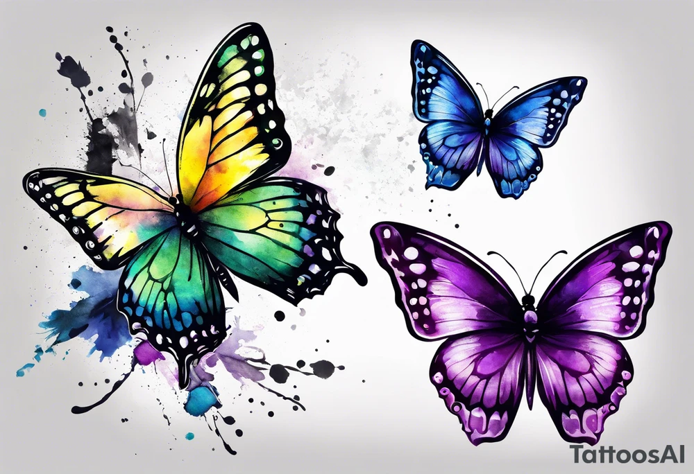 Three butterflies, two colorfull, one bw. Aquarelle tattoo. Colours blue, violet, green, yellow. tattoo idea