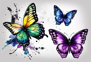Three butterflies, two colorfull, one bw. Aquarelle tattoo. Colours blue, violet, green, yellow. tattoo idea