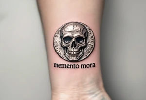 A Roman coin with a skull embossed in silver, the inscription "memento mori" in rough gray Latin lettering beneath it. tattoo idea