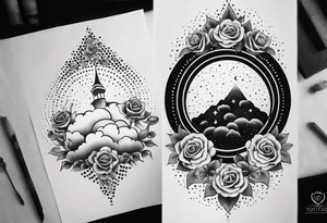 Vertical Clouds with pulsar and small roses and stars around it tattoo idea