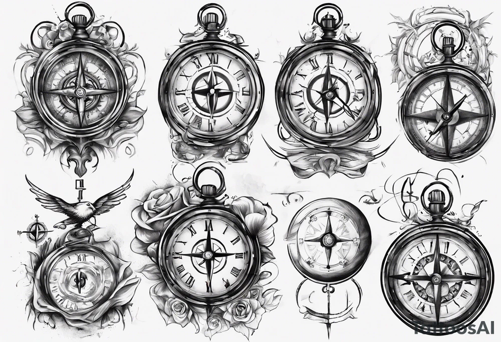 I would like a clock at the top with a Compass, from which 2 Paths schould lead away that Cross you after a time and then Go apart again to finally find themselves again. tattoo idea