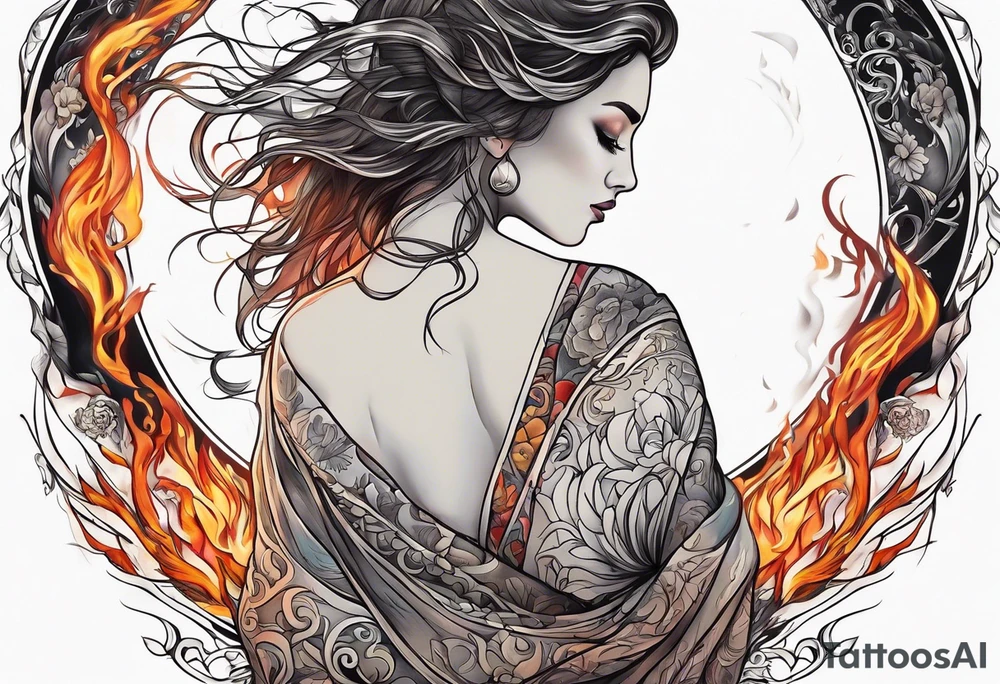 Resurrection Beautiful Woman walking through fire and chaos to inner peace and self-love  ethereal tattoo idea
