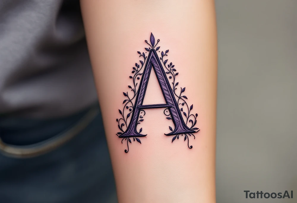 A stitched "A" design in dark purple and black, resembling embroidery. tattoo idea