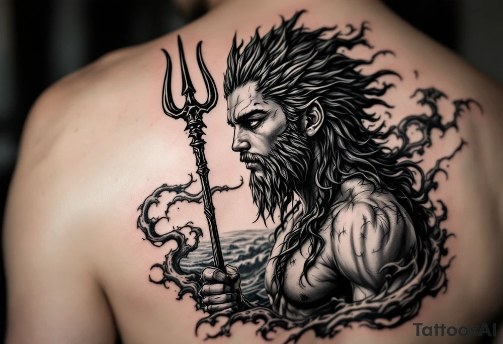 young poseidon, with trident, looking at the horizon tattoo idea