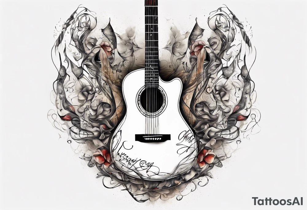 Acoustic Guitar neck with strings made of signatures emerging from skin tattoo idea