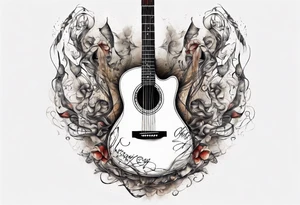 Acoustic Guitar neck with strings made of signatures emerging from skin tattoo idea