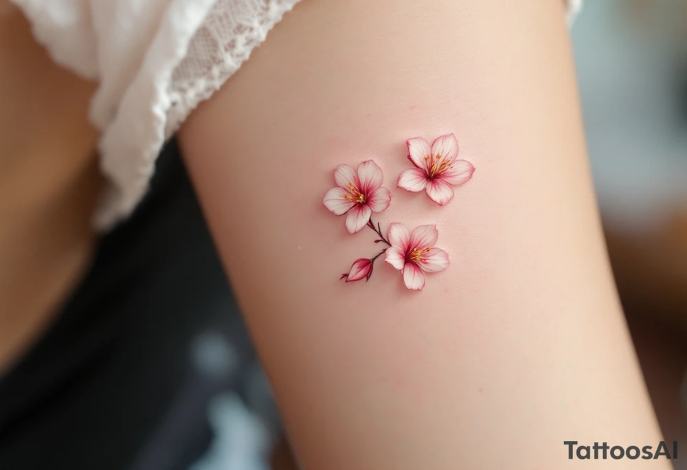 Three delicate cherry blossoms falling together in white, light pink, and magenta, symbolizing fleeting but beautiful shared moments. tattoo idea