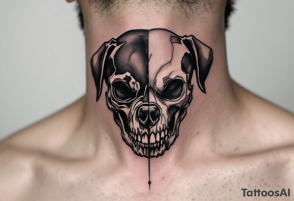 Rottweiler Skull Fusion – A half-rottweiler, half-skull design, blending realism with dark symbolism. Monochrome with light shading to define the bone structure. tattoo idea