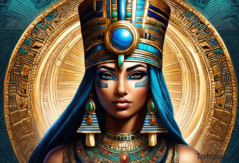 Egyptian figure girl. The figure should be full, include legs, featuring a regal headdress and detailed facial markings reminiscent of ancient Egyptian art. Include mystical and symbolic elements such as the Eye of Horus and ankh, blending subtly with geometric background patterns. 
Hyperrealism tattoo idea