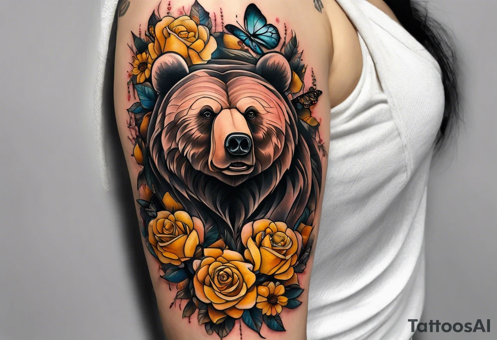 Bear under the tree of life with yellow roses and three butterflies for an upper arm tattoo. tattoo idea
