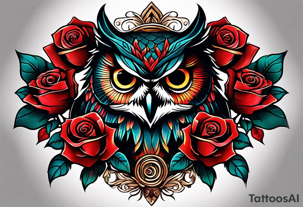 Color owl. 
Three red roses 
On the forearm tattoo idea