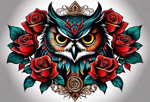 Color owl. 
Three red roses 
On the forearm tattoo idea