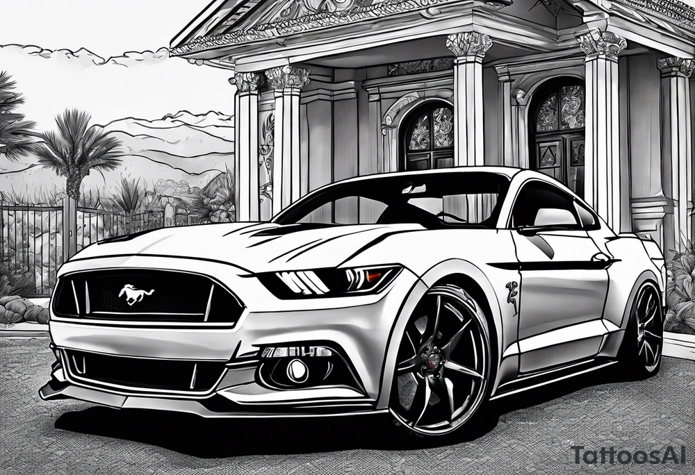 Ford mustang in front of little white Wedding Chapel in las vegas tattoo idea