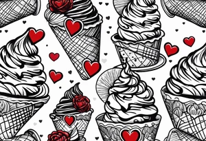 chocolate chip ice cream cone with the name Ava on the cone and one red heart tattoo idea