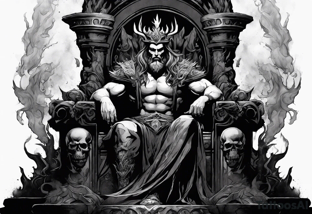 Style is sketch work depiciting the god hades sitting on a throne in the underworld.  He's young and muscluar and holding his bident.  His thrown and crown indicates his realm with bones and skulls.  This is overlaid with watercolor shading giving the appearance of fire. tattoo idea